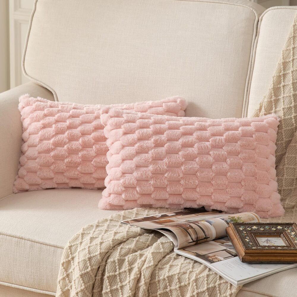 9322 Pack of 2 Pink Super Soft Plush Fluffy Decorative Throw Pillow Covers